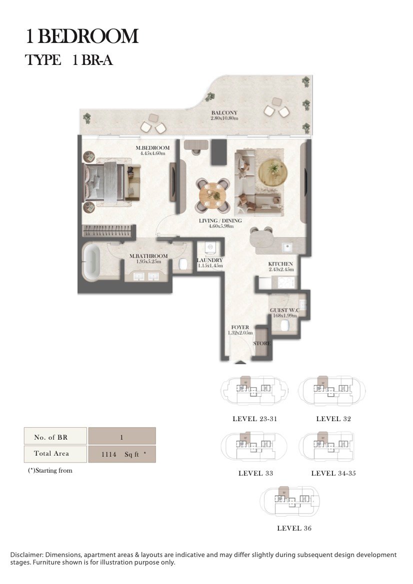 1 Bedroom floor plan, Type 1 BR-A, 1,114 sq ft, at Jumeirah Residences Al Maryah Island Abu Dhabi