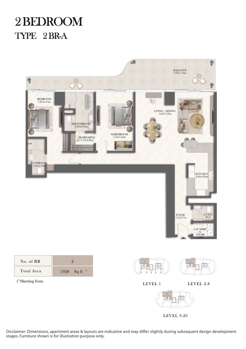 2 Bedroom floor plan, Type 2 BR-A, 1,928 sq ft, at Jumeirah Residences Al Maryah Island Abu Dhabi