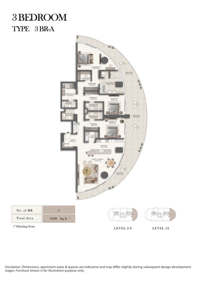 3 Bedroom floor plan, Type 3 BR-A, 3,088 sq ft, at Jumeirah Residences Al Maryah Island Abu Dhabi