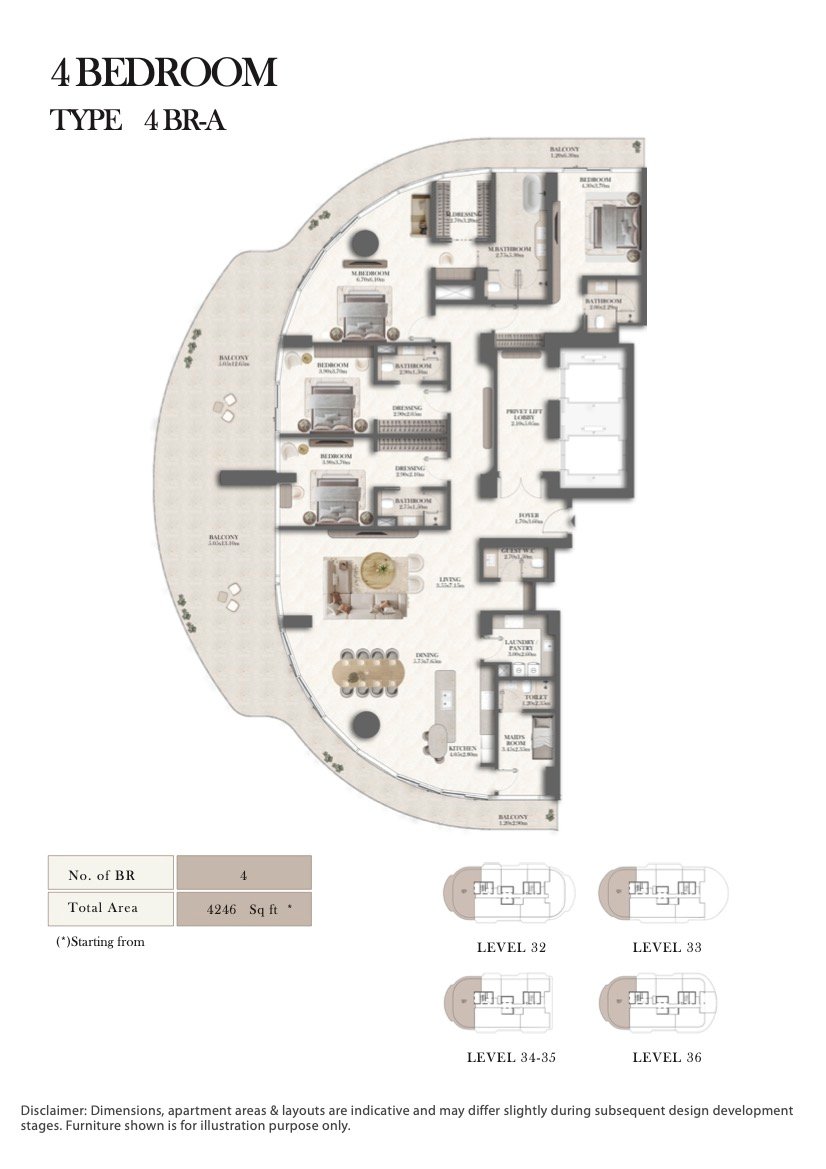 4 Bedroom floor plan, Type 4 BR-A, 4,246 sq ft, with private lift lobby at Jumeirah Residences Al Maryah Island Abu Dhabi