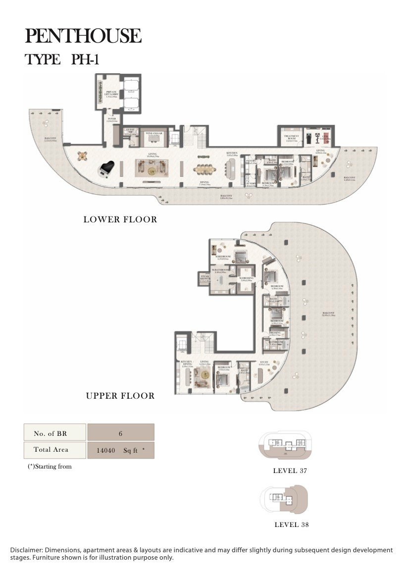 Penthouse duplex floor plan, Type PH-1, 14,040 sq ft across levels 37 and 38, at Jumeirah Residences Al Maryah Island Abu Dhabi