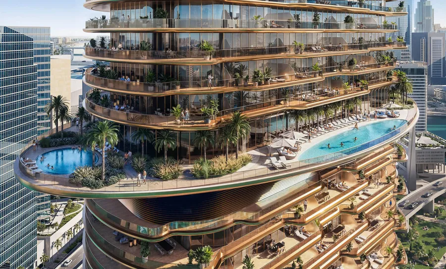 Landscaped sky terraces and elevated pool on the upper levels of Jumeirah Residences Al Maryah Island