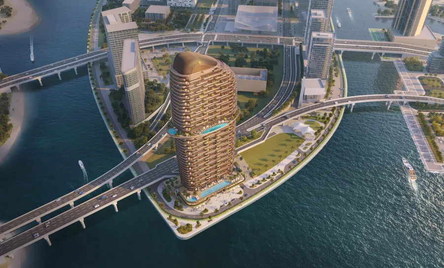 Jumeirah Residences Al Maryah Island viewed from above, with the promenade and waterways of Abu Dhabi