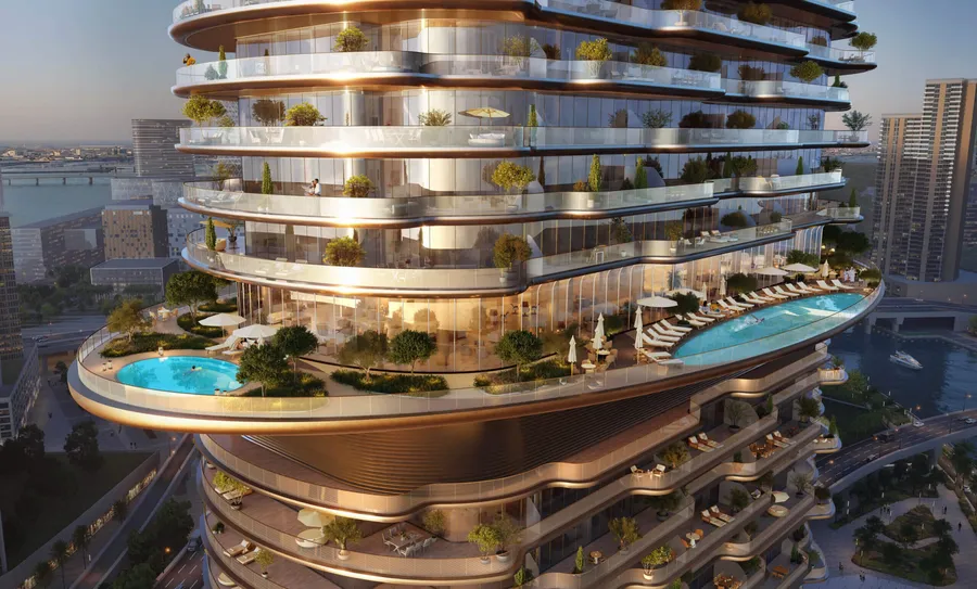 The elevated swimming pool and garden terraces of Jumeirah Residences Al Maryah Island, Abu Dhabi
