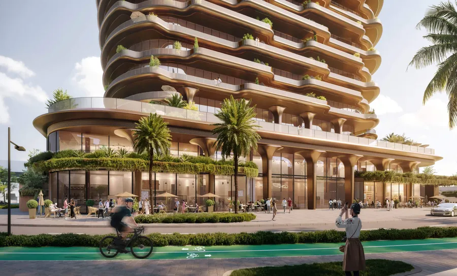 Pedestrian promenade and boutique frontage at the base of Jumeirah Residences Al Maryah Island