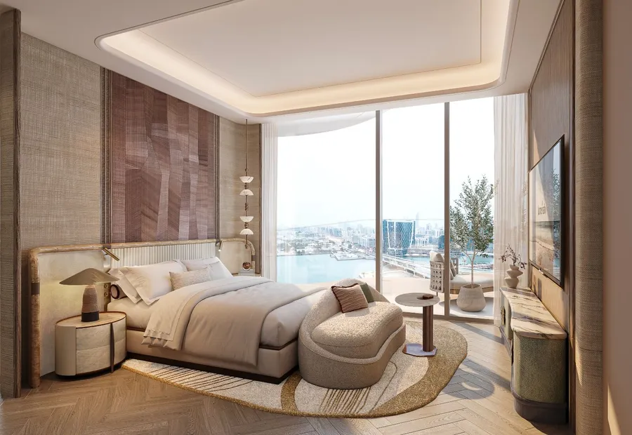 Principal bedroom with floor-to-ceiling glazing in a Jumeirah Residences Al Maryah Island residence