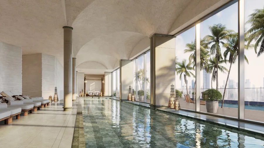 Indoor swimming pool with vaulted colonnade at Jumeirah Residences Al Maryah Island