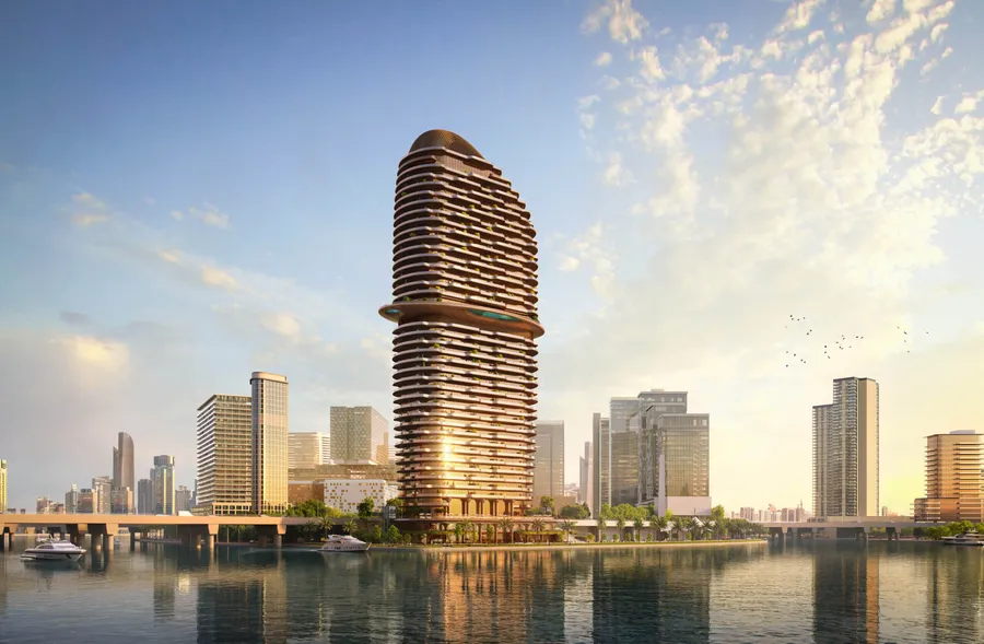 Jumeirah Residences Al Maryah Island tower rising from the Abu Dhabi waterfront at golden hour