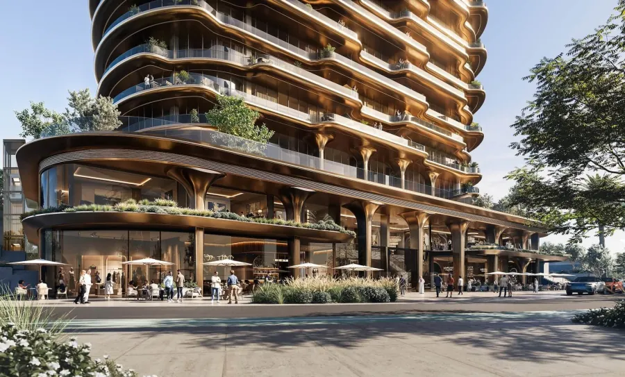 Street-level retail and dining colonnade beneath the Jumeirah Residences tower