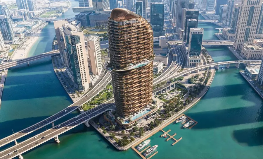 Aerial view of the pool terrace and waterfront leisure zones at Jumeirah Residences