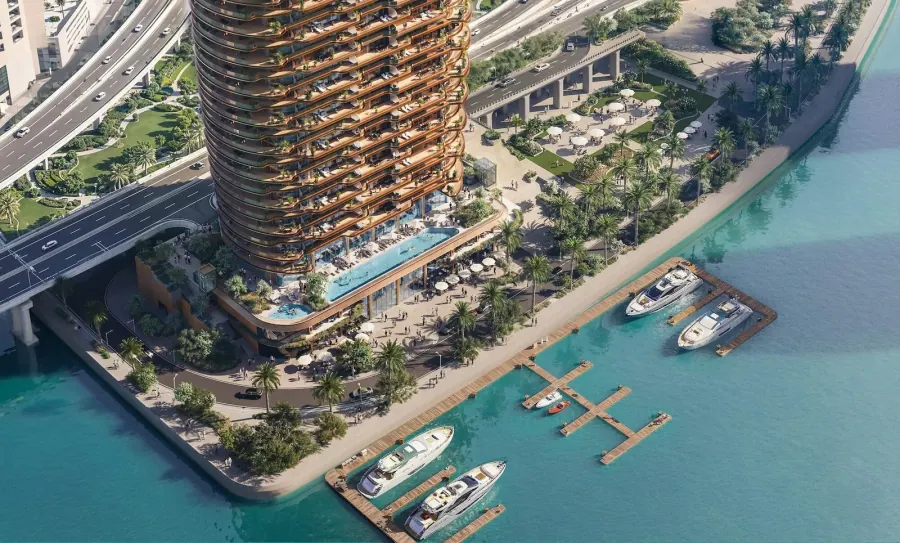 Pool deck, landscaped promenade and marina at Jumeirah Residences Al Maryah Island