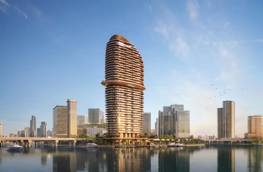 The Jumeirah Residences tower on the Al Maryah Island waterfront, crowned by its five bedroom penthouses