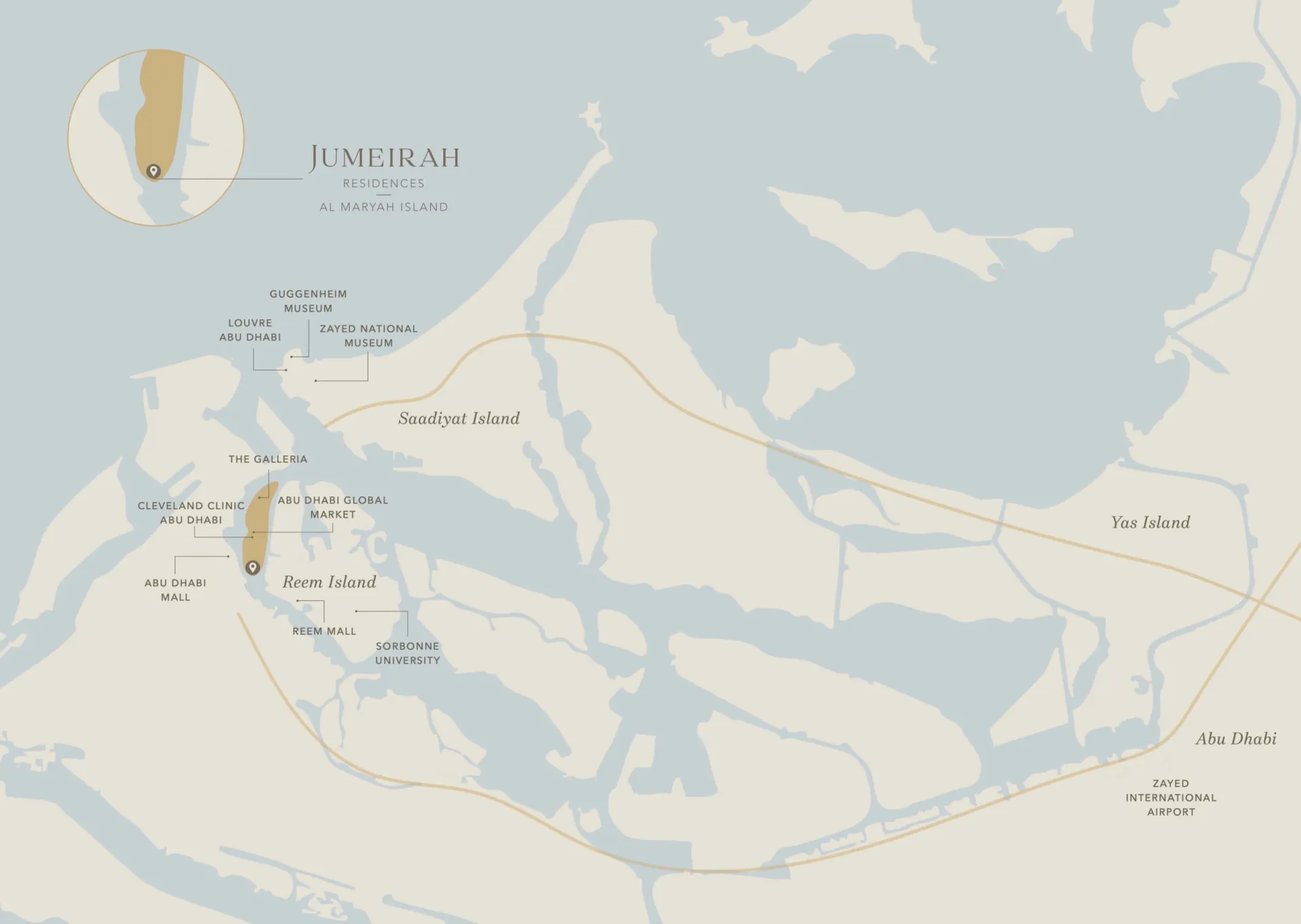 Location map of Al Maryah Island showing Jumeirah Residences beside The Galleria and Abu Dhabi Global Market, with Saadiyat Island, Reem Island, Yas Island and Zayed International Airport